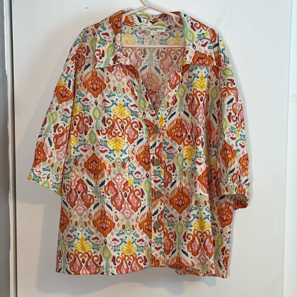 Christian Soriano L, art to wear, wooden buttons, linen blend, cropped blouse
